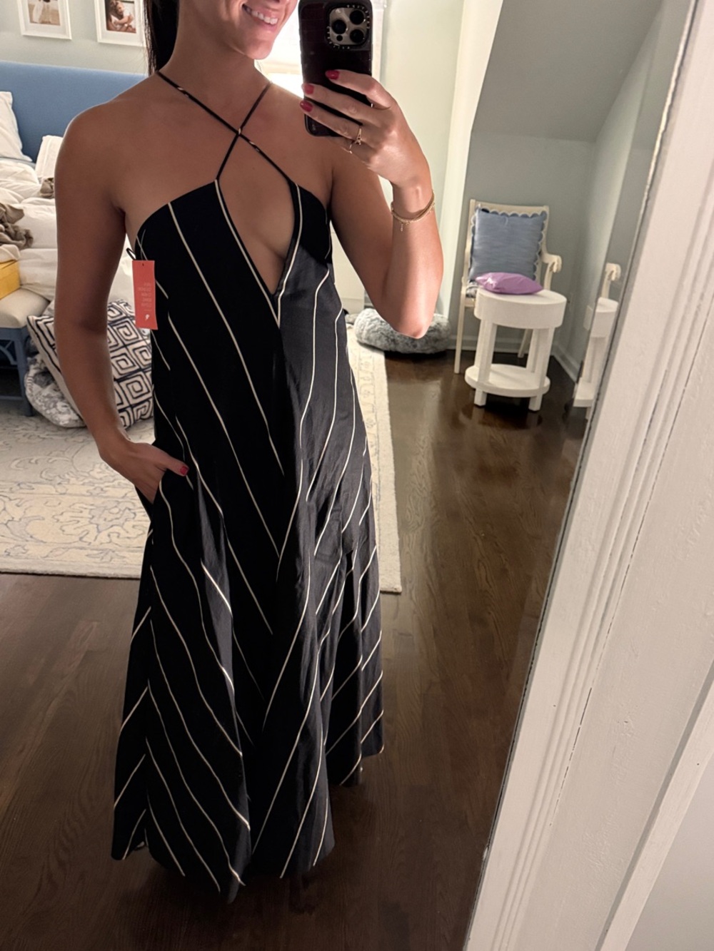 Apricot Lane Black Striped Halter Maxi Dress with Crisscross Straps